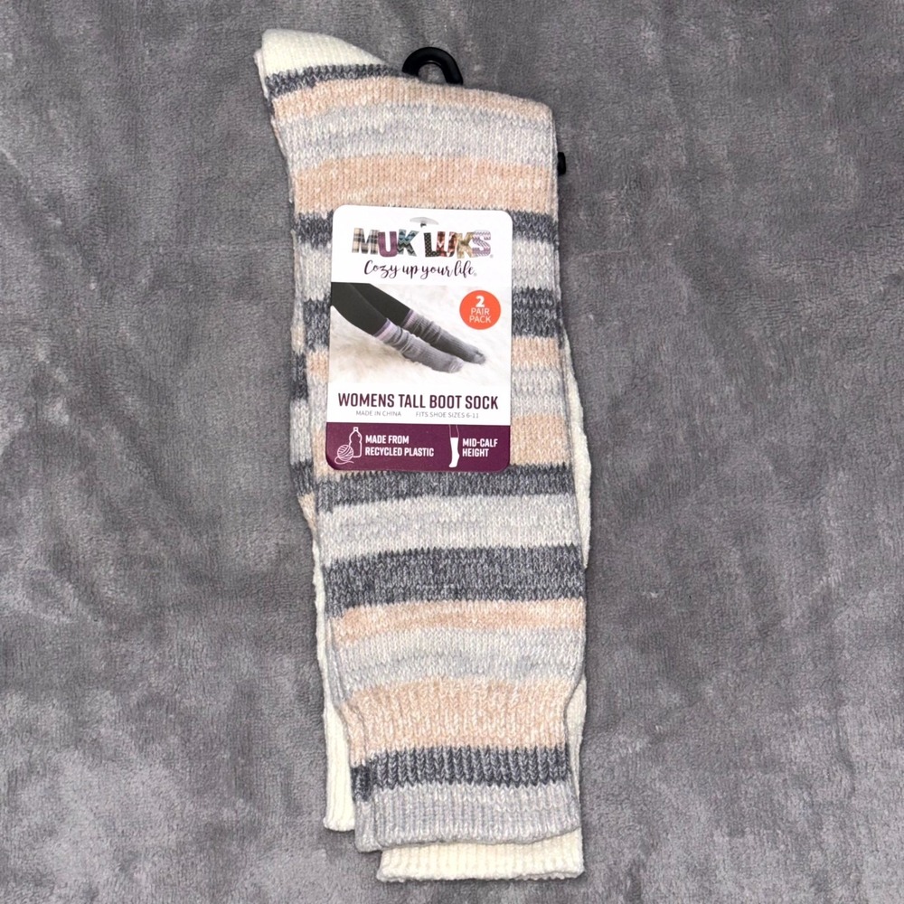 Muk Luks Cozy Up Your Mid Calf Tall Boot Socks Women OS (6-11) Beige 2 Pair Pack